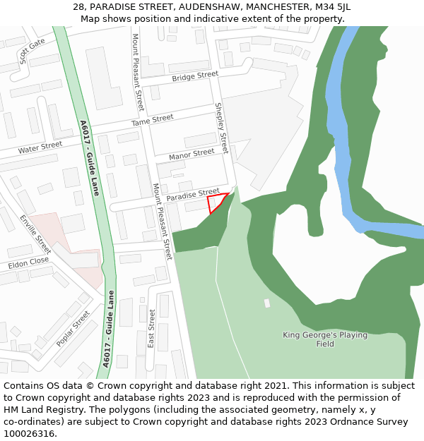 28, PARADISE STREET, AUDENSHAW, MANCHESTER, M34 5JL: Location map and indicative extent of plot