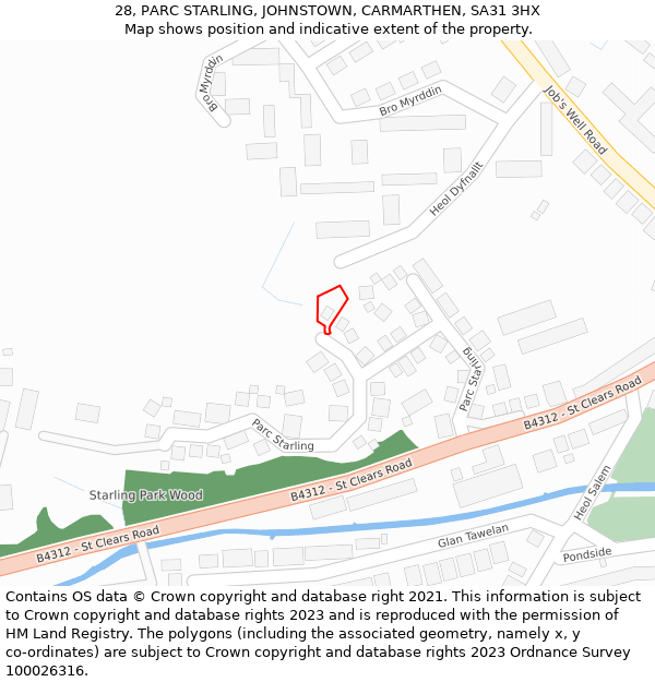 28, PARC STARLING, JOHNSTOWN, CARMARTHEN, SA31 3HX: Location map and indicative extent of plot