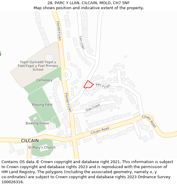 28, PARC Y LLAN, CILCAIN, MOLD, CH7 5NF: Location map and indicative extent of plot