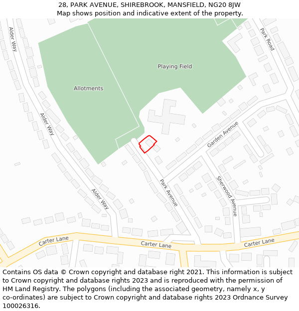 28, PARK AVENUE, SHIREBROOK, MANSFIELD, NG20 8JW: Location map and indicative extent of plot