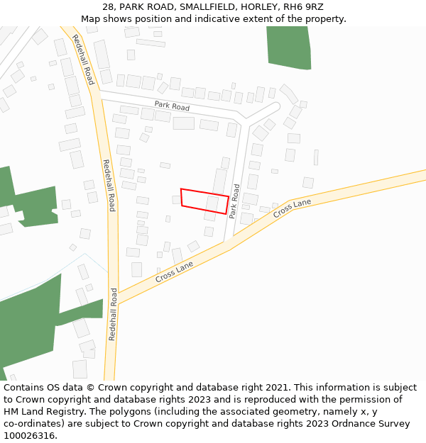 28, PARK ROAD, SMALLFIELD, HORLEY, RH6 9RZ: Location map and indicative extent of plot
