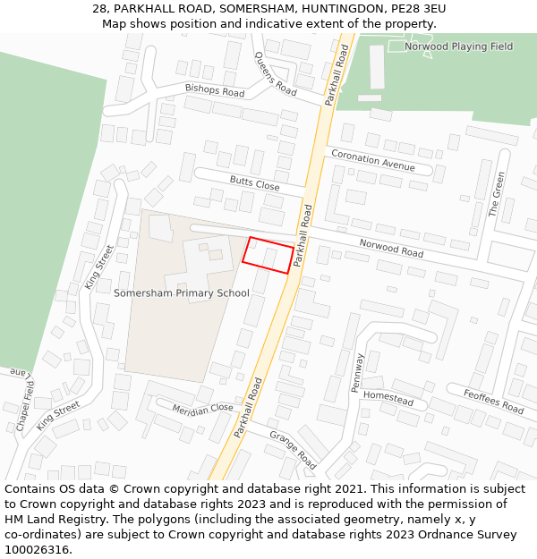 28, PARKHALL ROAD, SOMERSHAM, HUNTINGDON, PE28 3EU: Location map and indicative extent of plot
