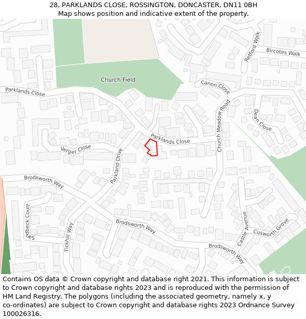 28, PARKLANDS CLOSE, ROSSINGTON, DONCASTER, DN11 0BH: Location map and indicative extent of plot