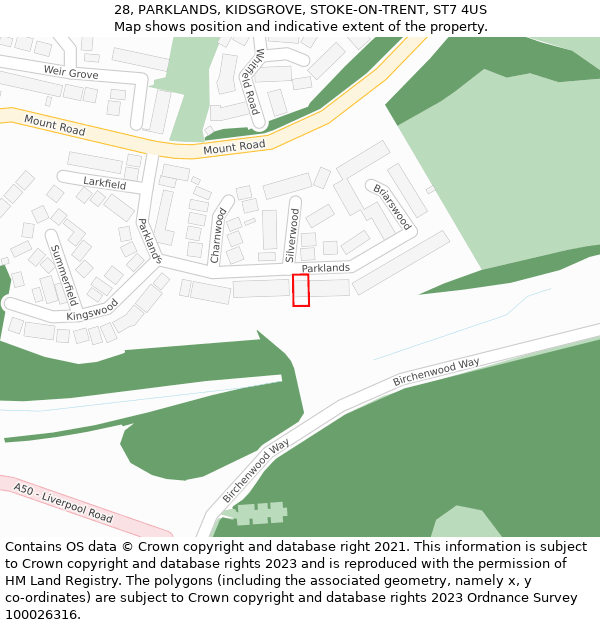 28, PARKLANDS, KIDSGROVE, STOKE-ON-TRENT, ST7 4US: Location map and indicative extent of plot