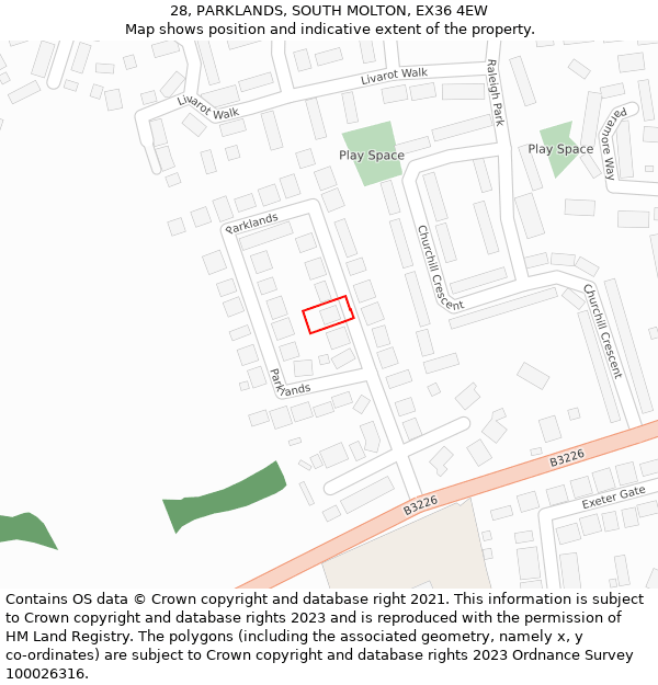 28, PARKLANDS, SOUTH MOLTON, EX36 4EW: Location map and indicative extent of plot