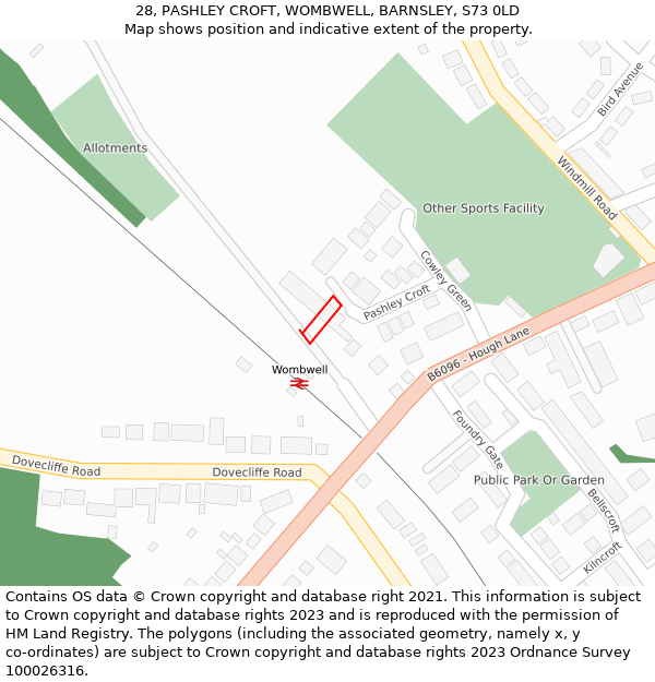 28, PASHLEY CROFT, WOMBWELL, BARNSLEY, S73 0LD: Location map and indicative extent of plot