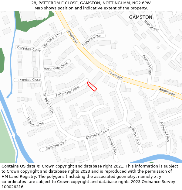 28, PATTERDALE CLOSE, GAMSTON, NOTTINGHAM, NG2 6PW: Location map and indicative extent of plot