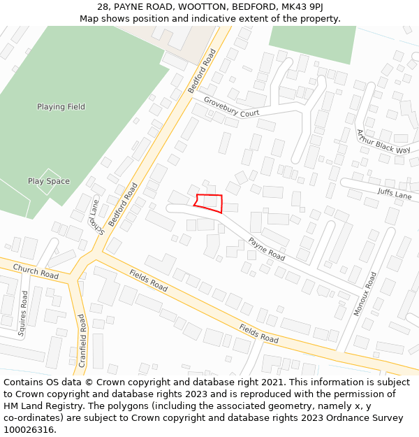 28, PAYNE ROAD, WOOTTON, BEDFORD, MK43 9PJ: Location map and indicative extent of plot