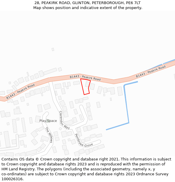 28, PEAKIRK ROAD, GLINTON, PETERBOROUGH, PE6 7LT: Location map and indicative extent of plot