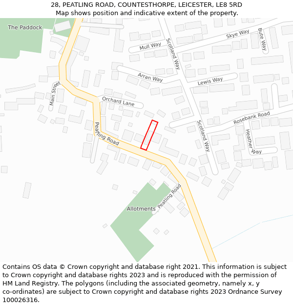 28, PEATLING ROAD, COUNTESTHORPE, LEICESTER, LE8 5RD: Location map and indicative extent of plot