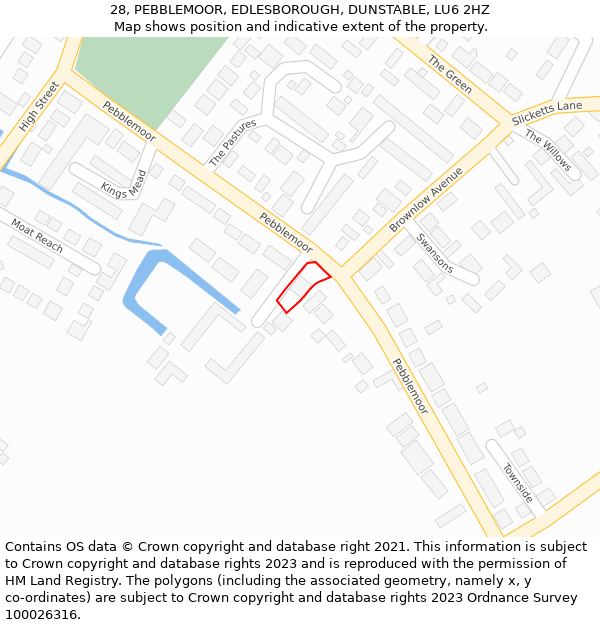 28, PEBBLEMOOR, EDLESBOROUGH, DUNSTABLE, LU6 2HZ: Location map and indicative extent of plot