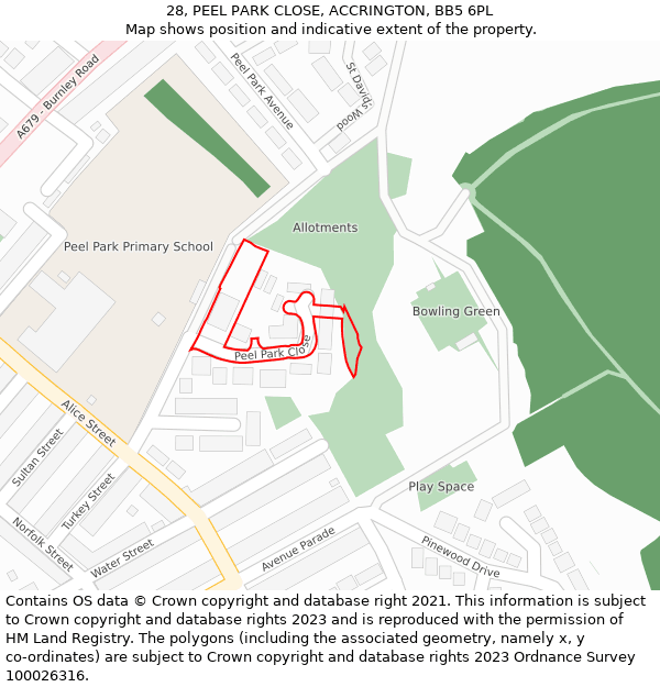 28, PEEL PARK CLOSE, ACCRINGTON, BB5 6PL: Location map and indicative extent of plot