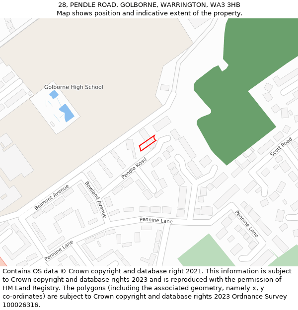28, PENDLE ROAD, GOLBORNE, WARRINGTON, WA3 3HB: Location map and indicative extent of plot