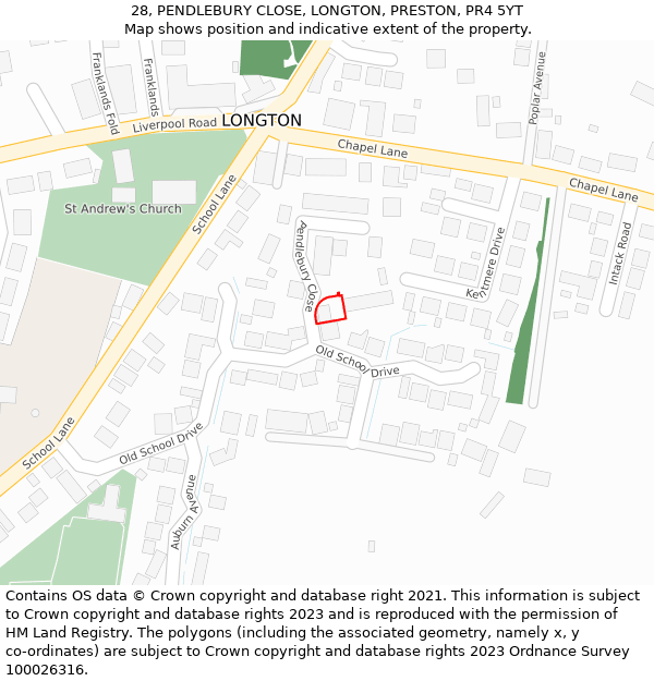 28, PENDLEBURY CLOSE, LONGTON, PRESTON, PR4 5YT: Location map and indicative extent of plot