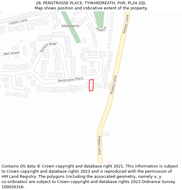 28, PENSTRASSE PLACE, TYWARDREATH, PAR, PL24 2QL: Location map and indicative extent of plot