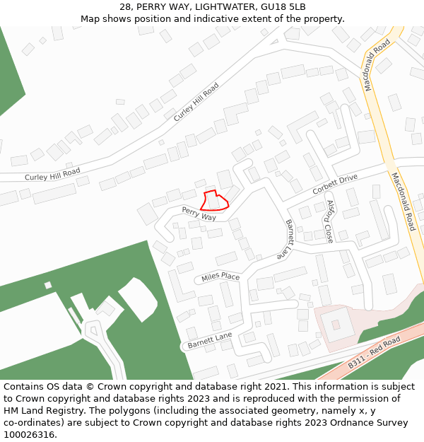 28, PERRY WAY, LIGHTWATER, GU18 5LB: Location map and indicative extent of plot