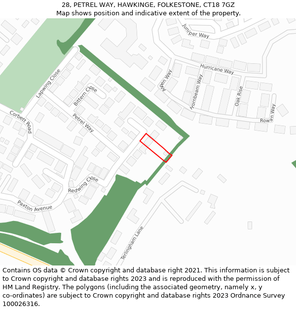 28, PETREL WAY, HAWKINGE, FOLKESTONE, CT18 7GZ: Location map and indicative extent of plot