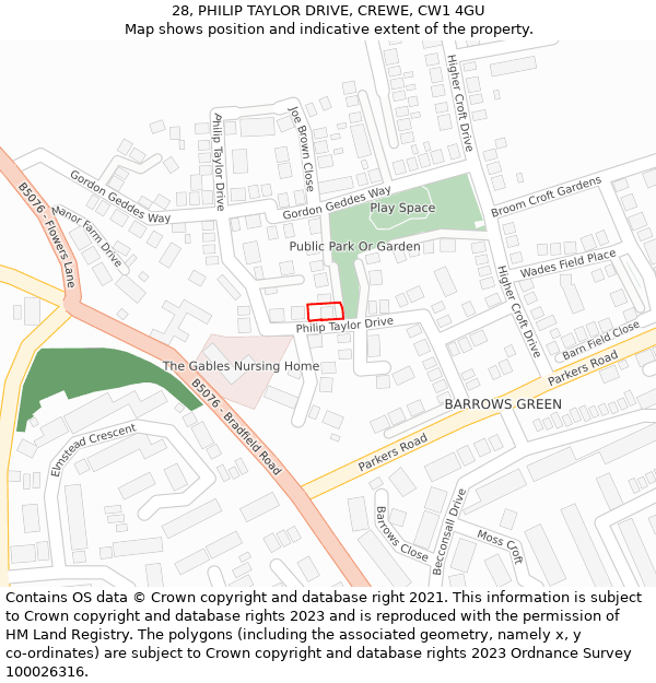 28, PHILIP TAYLOR DRIVE, CREWE, CW1 4GU: Location map and indicative extent of plot