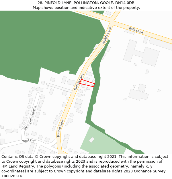 28, PINFOLD LANE, POLLINGTON, GOOLE, DN14 0DR: Location map and indicative extent of plot