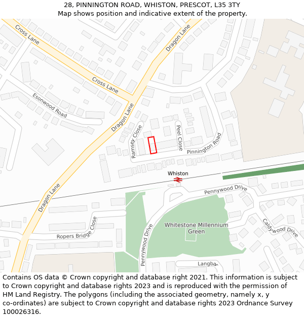 28, PINNINGTON ROAD, WHISTON, PRESCOT, L35 3TY: Location map and indicative extent of plot