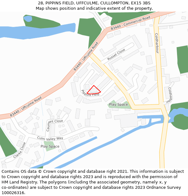 28, PIPPINS FIELD, UFFCULME, CULLOMPTON, EX15 3BS: Location map and indicative extent of plot