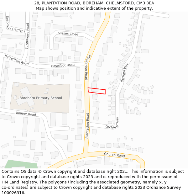 28, PLANTATION ROAD, BOREHAM, CHELMSFORD, CM3 3EA: Location map and indicative extent of plot