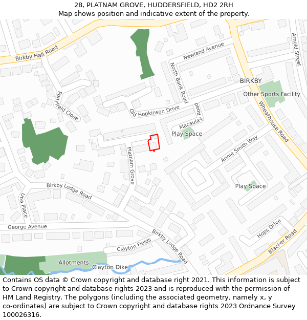 28, PLATNAM GROVE, HUDDERSFIELD, HD2 2RH: Location map and indicative extent of plot