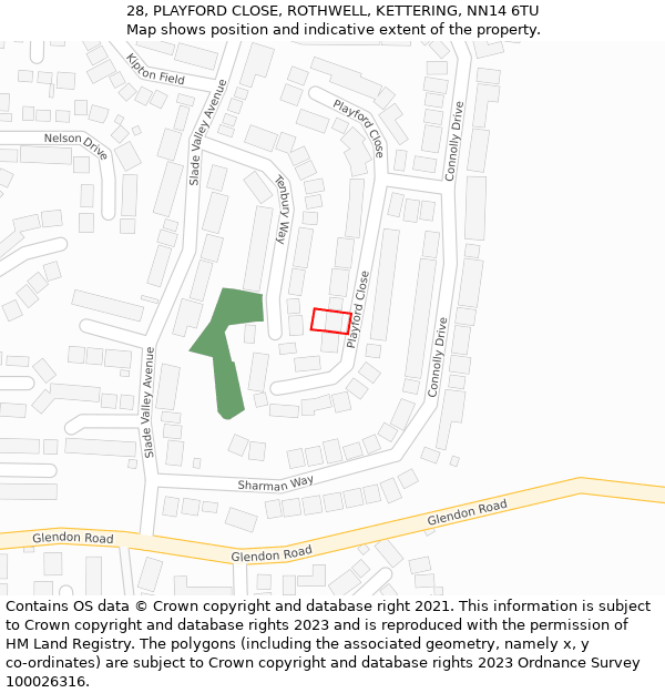 28, PLAYFORD CLOSE, ROTHWELL, KETTERING, NN14 6TU: Location map and indicative extent of plot