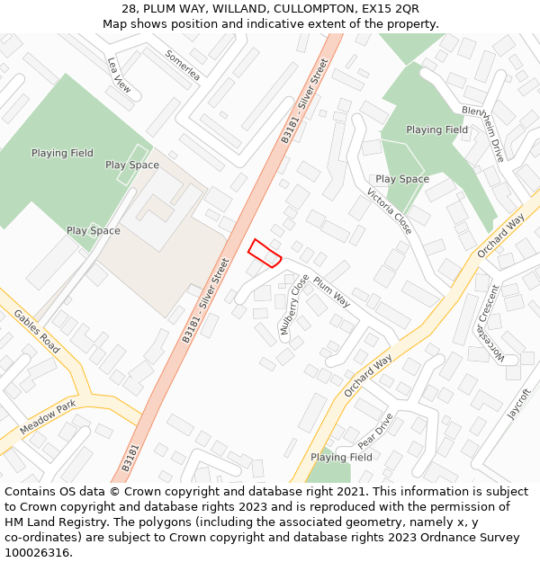 28, PLUM WAY, WILLAND, CULLOMPTON, EX15 2QR: Location map and indicative extent of plot