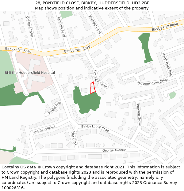 28, PONYFIELD CLOSE, BIRKBY, HUDDERSFIELD, HD2 2BF: Location map and indicative extent of plot