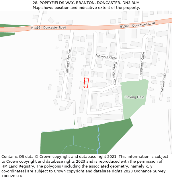 28, POPPYFIELDS WAY, BRANTON, DONCASTER, DN3 3UA: Location map and indicative extent of plot