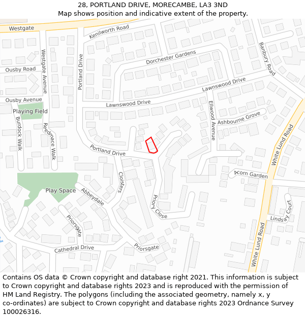 28, PORTLAND DRIVE, MORECAMBE, LA3 3ND: Location map and indicative extent of plot