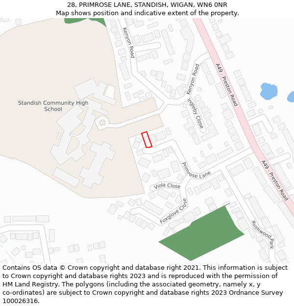 28, PRIMROSE LANE, STANDISH, WIGAN, WN6 0NR: Location map and indicative extent of plot
