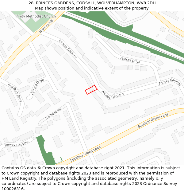 28, PRINCES GARDENS, CODSALL, WOLVERHAMPTON, WV8 2DH: Location map and indicative extent of plot