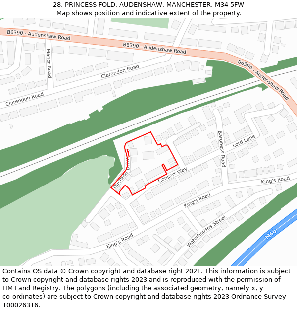 28, PRINCESS FOLD, AUDENSHAW, MANCHESTER, M34 5FW: Location map and indicative extent of plot