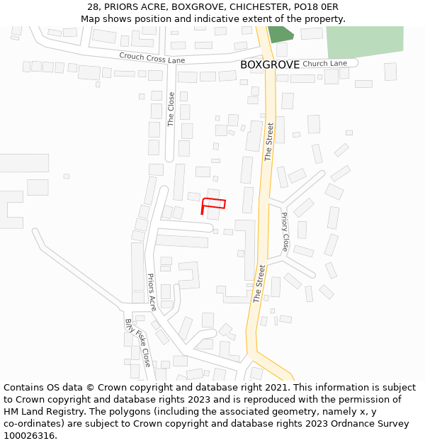 28, PRIORS ACRE, BOXGROVE, CHICHESTER, PO18 0ER: Location map and indicative extent of plot