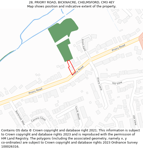 28, PRIORY ROAD, BICKNACRE, CHELMSFORD, CM3 4EY: Location map and indicative extent of plot