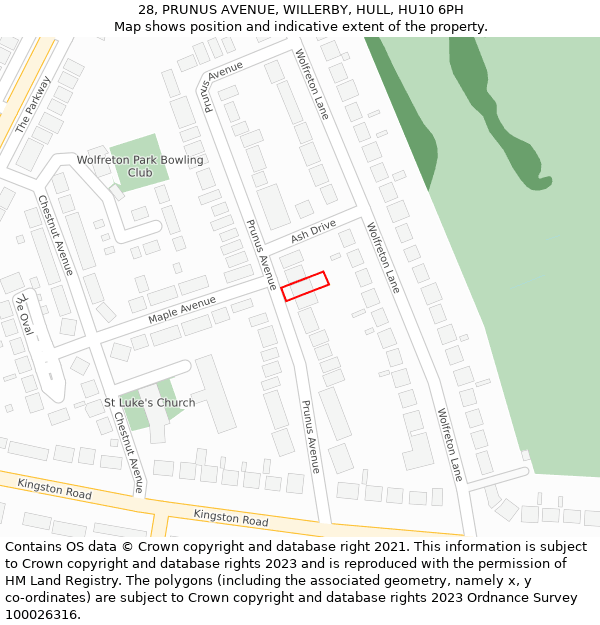 28, PRUNUS AVENUE, WILLERBY, HULL, HU10 6PH: Location map and indicative extent of plot