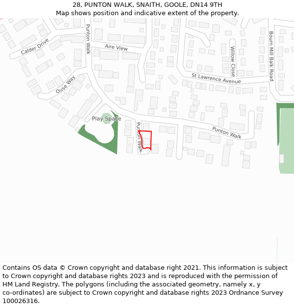 28, PUNTON WALK, SNAITH, GOOLE, DN14 9TH: Location map and indicative extent of plot