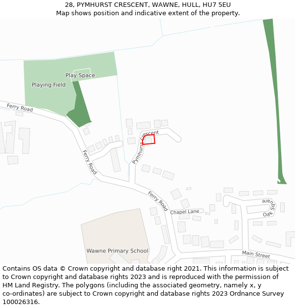 28, PYMHURST CRESCENT, WAWNE, HULL, HU7 5EU: Location map and indicative extent of plot