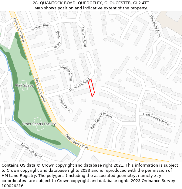 28, QUANTOCK ROAD, QUEDGELEY, GLOUCESTER, GL2 4TT: Location map and indicative extent of plot