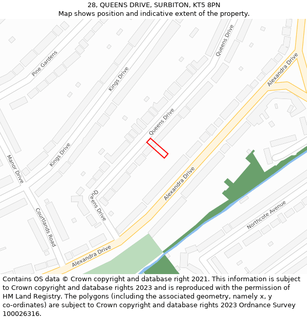 28, QUEENS DRIVE, SURBITON, KT5 8PN: Location map and indicative extent of plot