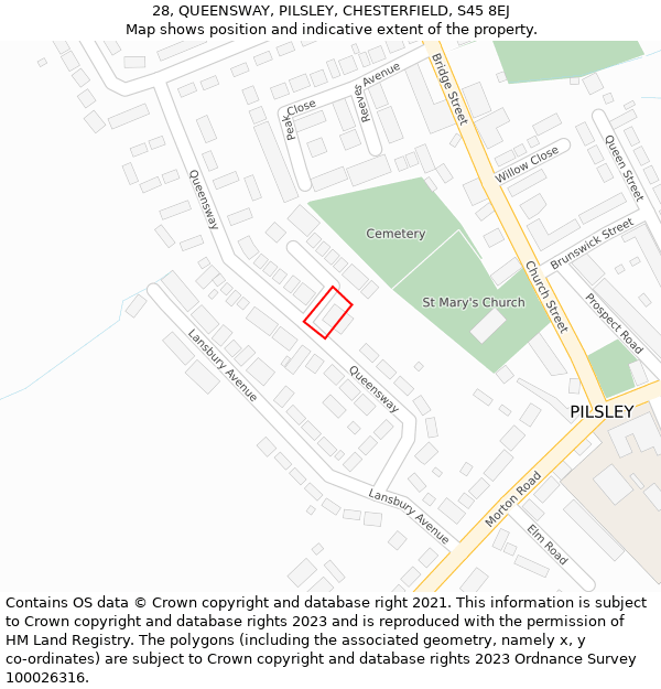 28, QUEENSWAY, PILSLEY, CHESTERFIELD, S45 8EJ: Location map and indicative extent of plot