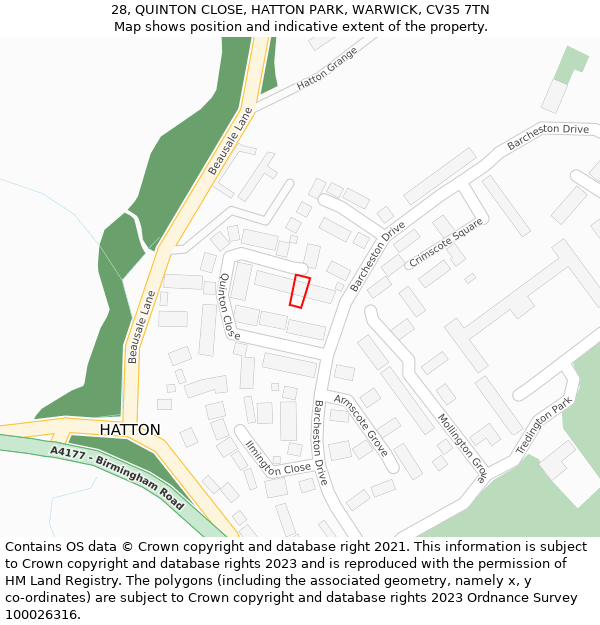 28, QUINTON CLOSE, HATTON PARK, WARWICK, CV35 7TN: Location map and indicative extent of plot