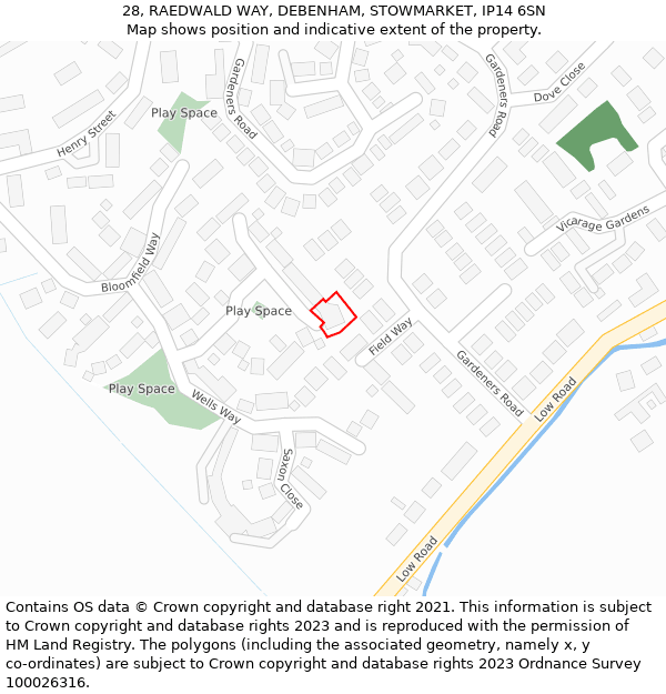 28, RAEDWALD WAY, DEBENHAM, STOWMARKET, IP14 6SN: Location map and indicative extent of plot