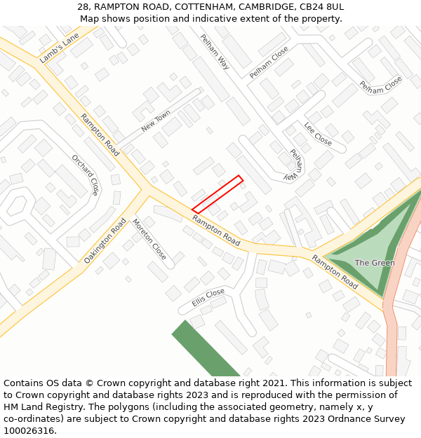 28, RAMPTON ROAD, COTTENHAM, CAMBRIDGE, CB24 8UL: Location map and indicative extent of plot