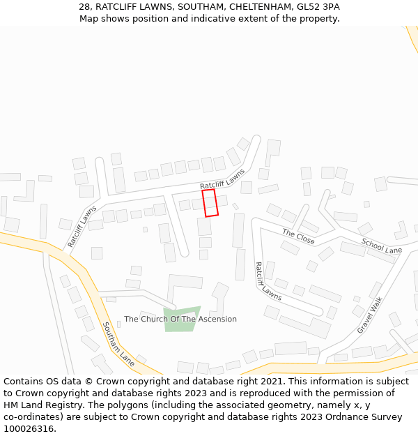 28, RATCLIFF LAWNS, SOUTHAM, CHELTENHAM, GL52 3PA: Location map and indicative extent of plot