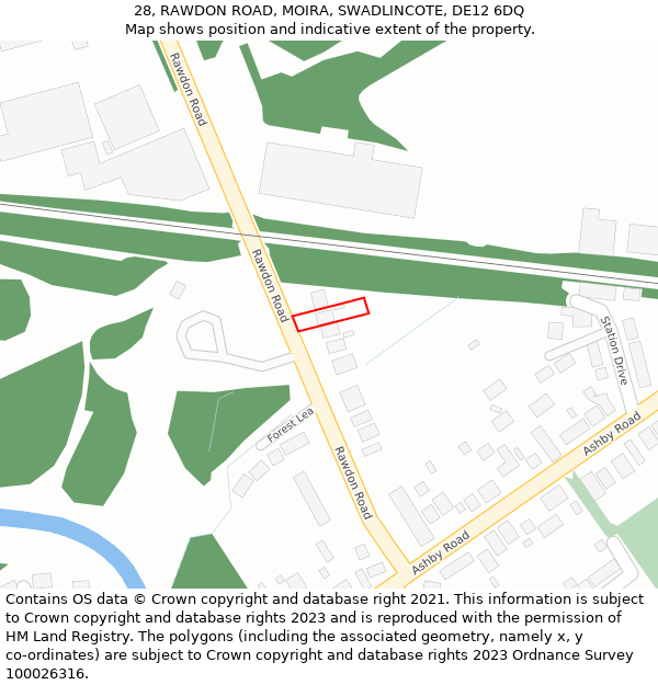 28, RAWDON ROAD, MOIRA, SWADLINCOTE, DE12 6DQ: Location map and indicative extent of plot