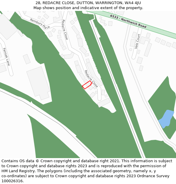 28, REDACRE CLOSE, DUTTON, WARRINGTON, WA4 4JU: Location map and indicative extent of plot