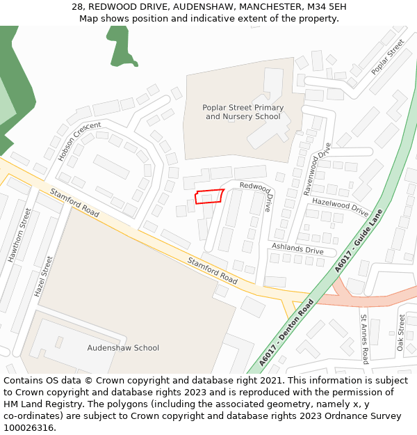 28, REDWOOD DRIVE, AUDENSHAW, MANCHESTER, M34 5EH: Location map and indicative extent of plot